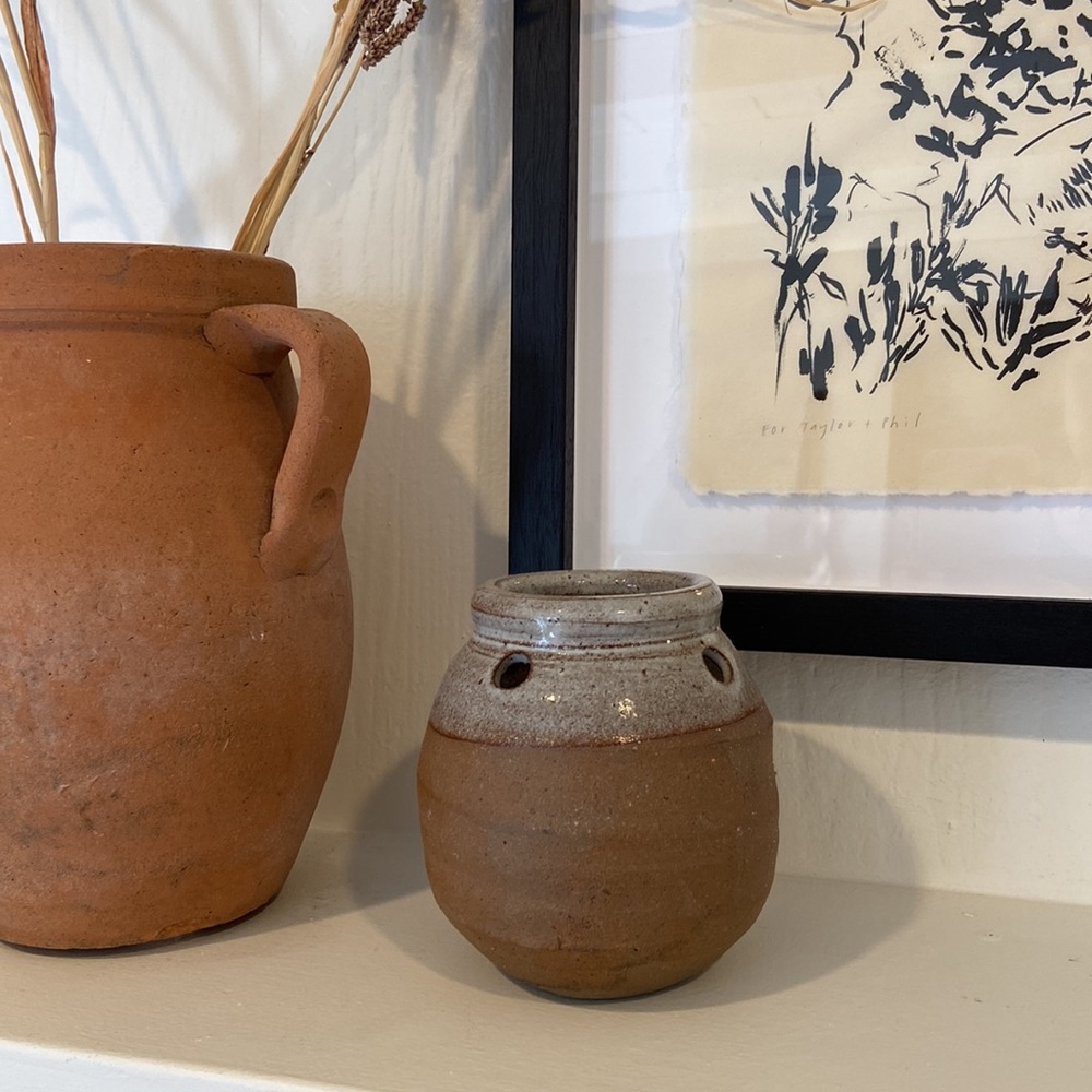 VINTAGE STONEWARE JAR WITH HOLES — CANDLE HOLDER